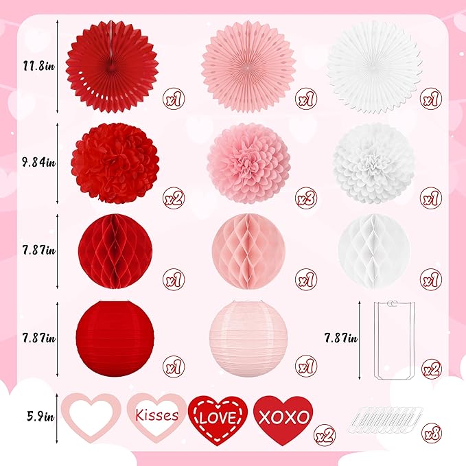 22pcs Valentines Day Party Decorations – Red Pink Paper Fans, Honeycomb Hanging, Tissue Pom Poms Kit for Classroom, Office, Birthday, Galentines Ceiling Decor