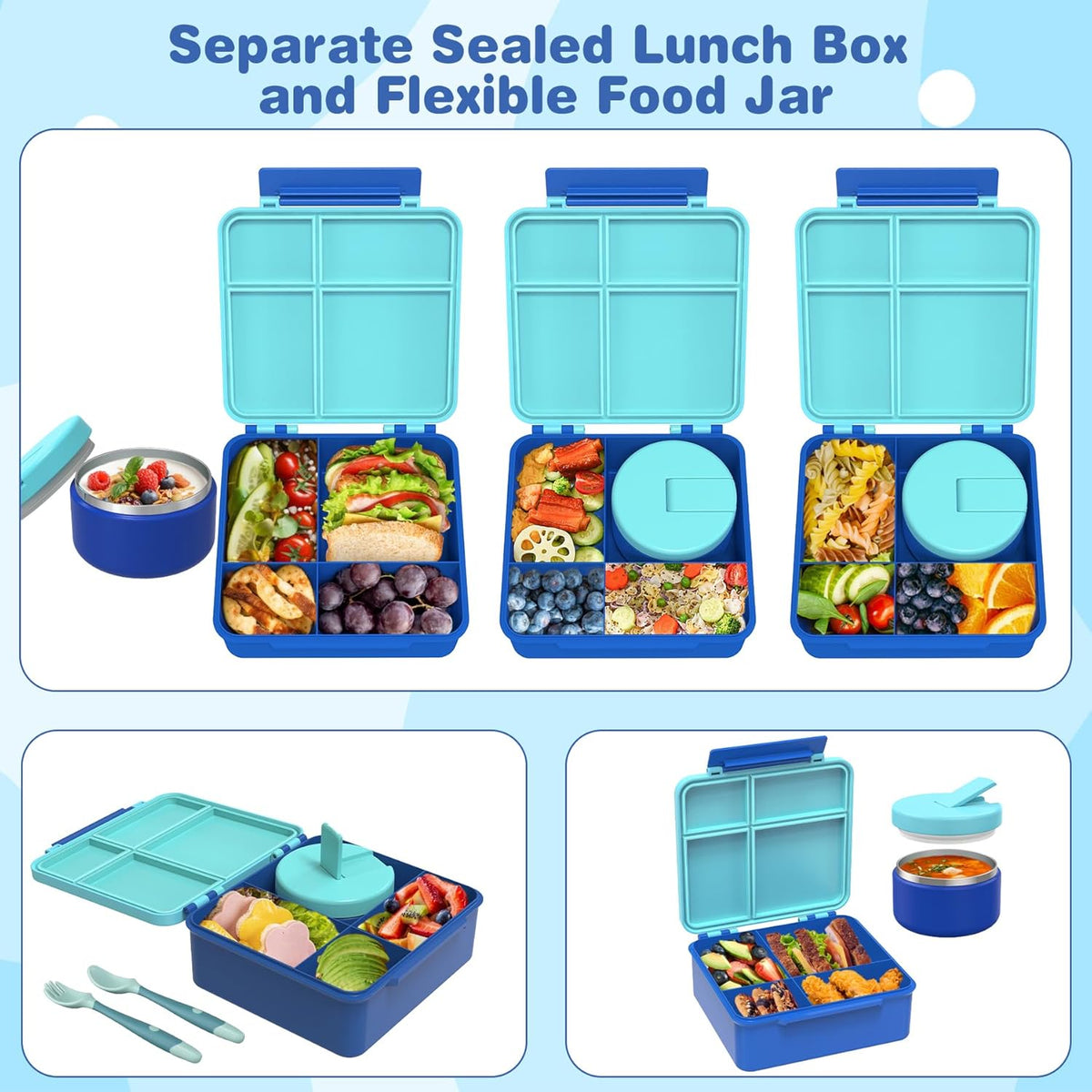 Bento Lunch Box with 8oz Soup Thermo, Kids Leakproof Lunch Food Containers with 4 Compartment, Kids Thermo Insulated Hot Food Jar for School, Trvael（Blue