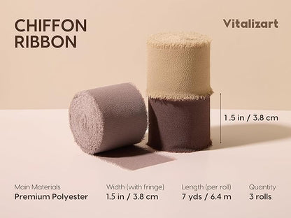 Vitalizart Brown Handmade Chiffon Silk Ribbon Fringe 1.5" x 21 Yd Brown & Nude Frayed Edges Ribbons for Wedding Invitations Bridal Bouquets Gifts Wrapping Crafts Holiday Party Decorations