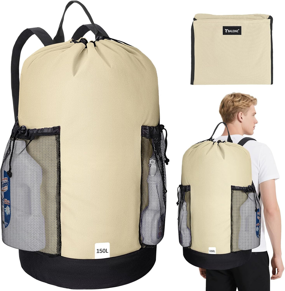 BALEINE 150L Laundry Bag Backpack, 900D Oxford Fabric Large Travel Laundry Bags with Shoulder Straps and 2 Mesh Pockets for College Dorm, Apartment, Laundromat (Beige, 150L)