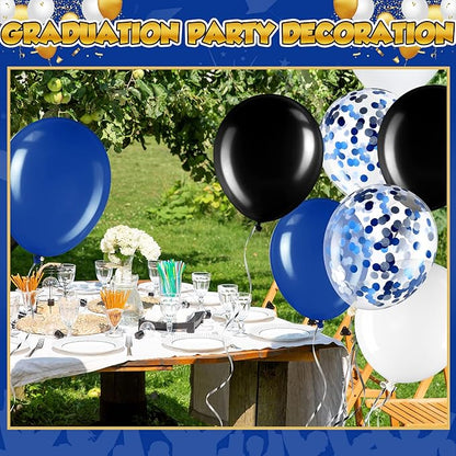 Sratte 60 Pcs 12 Inch Black Blue White Balloons Kit Graduation Decorations Back to School Confetti Latex Metallic Balloons with 2 Rolls Ribbon Party Favor for Memorial Day Birthdays