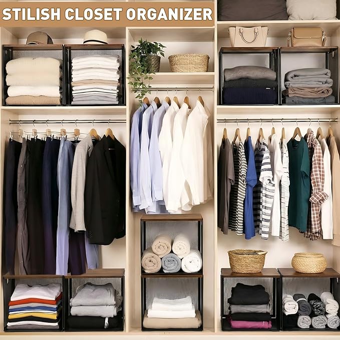AceOrbit 3 Pcs Widened Stackable Closet Organizers and Storage with Wood Top Foldable Metal Cube Closet Shelf DIY Space Saving Linen Clothes Shoes Bed Sheet Bin for Wardrobe Bedroom Living Room Pantry