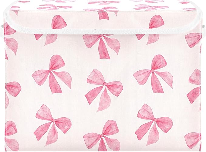 Pink Bow Storage Bins with Lids and Carrying Handle,Foldable Storage Boxes Organizer Containers Baskets Cube with Cover for Home Bedroom Closet Office