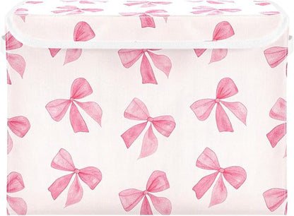 Pink Bow Storage Bins with Lids and Carrying Handle,Foldable Storage Boxes Organizer Containers Baskets Cube with Cover for Home Bedroom Closet Office