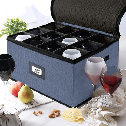 Wine Glass Storage Box with Dividers, 2 Pack Stackable Stemware Storage Cases, Service of 24 Glassware Storage Containers, Quilted China Storage Containers for Moving and Seasonal Storage, Blue
