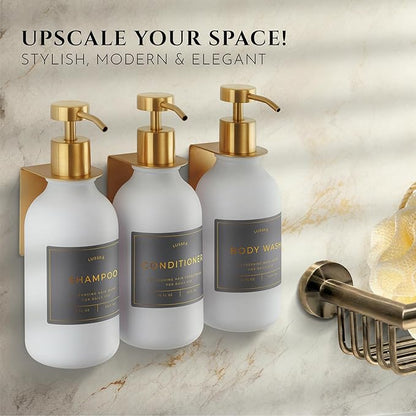 Shower Shampoo Dispenser Wall Mounted – 3 Refillable 16.9 oz White Bottles with Stainless Steel Pumps & No-Drill Adhesive Holders – Soap Dispenser Set for Bathroom (3 X White/Gold)