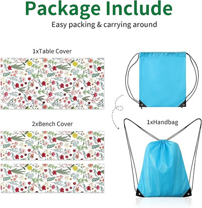 Picnic Table Cover with Bench Covers and Bag - Outdoor Camping Accessories Waterproof Camping Tablecloth with Elastic Edges Fitted Rectangle Tables and Seats