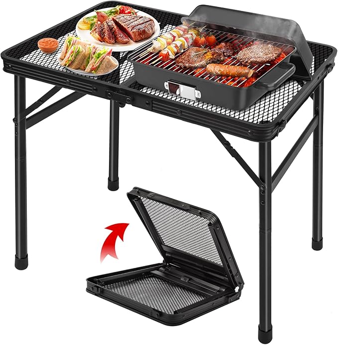 Grill Table Camping Table Portable Folding Table,Height Adjustable Collapsible with Mesh Desktop,Lightweight Metal Table for Camp, BBQ, Picnic, RV, Outdoor Cooking, Travel