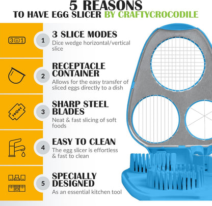 CraftyCrocodile Egg Slicer for Hard Boiled Eggs - 3 Slice Modes Egg Cutter, Heavy Duty, Stainless Steel Dicer - Kitchen Chopper Tool for Strawberry, Mushroom, Grape, Cherry Tomato - Blue