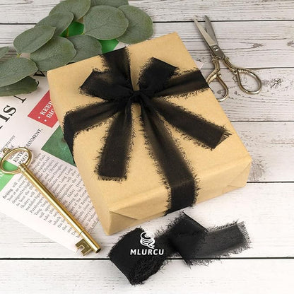 Black Chiffon Ribbon - 1 Inch x 21 Yards, Handmade Fringe, Silk, Boho Frayed, Wedding Invitation, Bridal Flower Bouquets, Floral Arrangement, Gift Wrapping