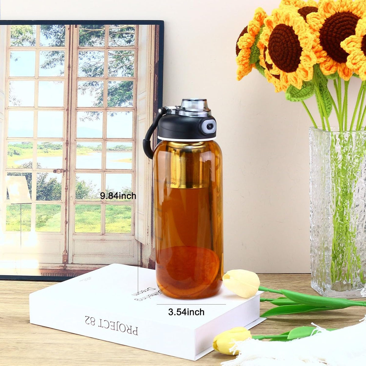34oz tea bottle with infuser - Large Capacity Glass Water Bottle, With Time Mark, Stainless Steel Tea Strainer,Sleeve, BPA Free