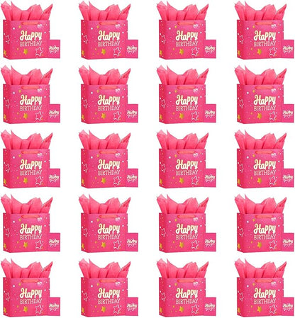 Powbrace 13" Pink Happy Birthday Gift Bag with Tissue Paper and Greeting Card for Party,Happy Birthday Gift Bag for Men Women,Gift Bags Medium size(20 PCS Pink Hot Stamping)