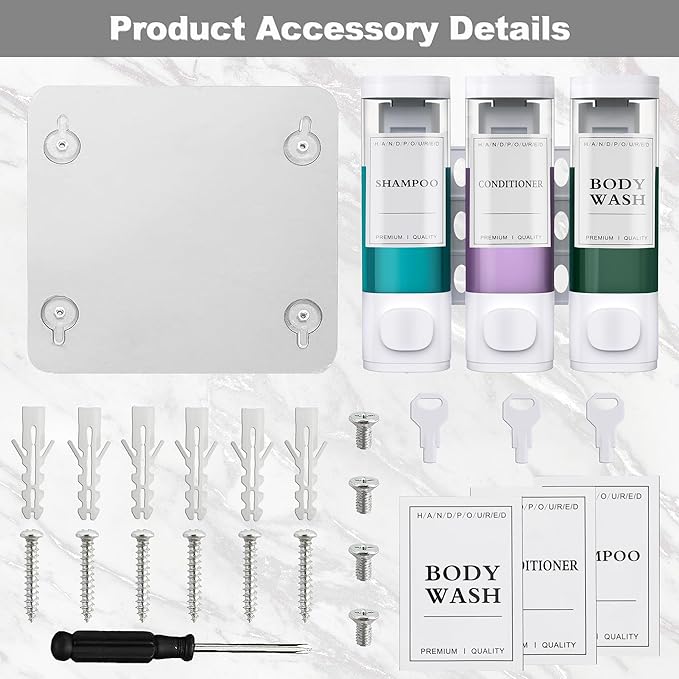 CeeVian Shampoo Dispenser Shower Dispenser 3 Chamrber No Drill Wall Mounted for Shower Shampoo and Conditioner Dispenser for Bathroom, Toilet, Hotel & Kitchen,3 * 300ML (White)