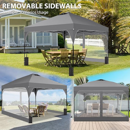 10x10 FT Pop Up Canopy with 4 Clear PVC Sidewalls, Instant 1-Button Push Canopy Tent for Outdoor Activities & Events