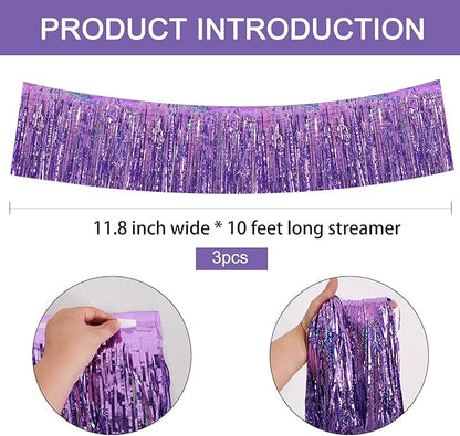 BEISHIDA 3 Packs Metallic Foil Fringe Garland Laser Light Purple Wall Hanging Tinsel Fringe Banners for Car Floats Bridal Shower Wedding Birthday Easter Graduation Holiday Party Decoration(30 Feet)
