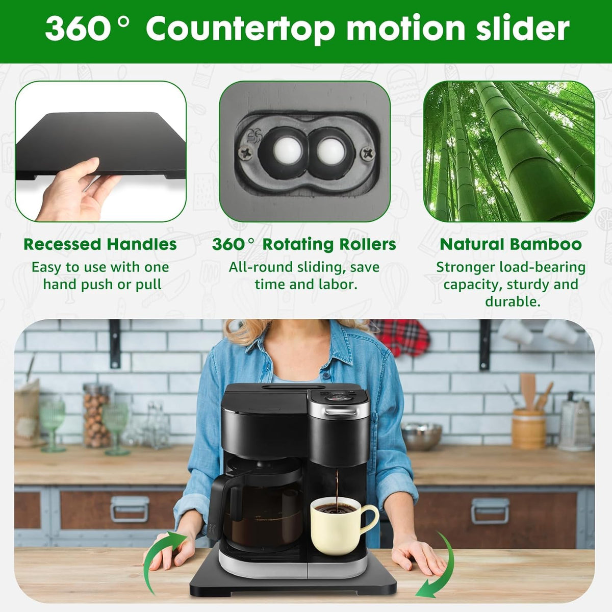 Appliance Slider 360° Rolling Tray for Coffee Maker Bamboo Coffee Pot Slider Tray Countertop Rotation Sliding Tray with Wheels