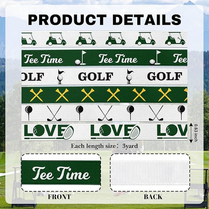 Golf Ribbon 6 Pack, Grosgrain Golf Themed Ribbons 5/8" x 3 Yards for Gift Wrapping, Tournaments, Party Decorations and Hair Bows