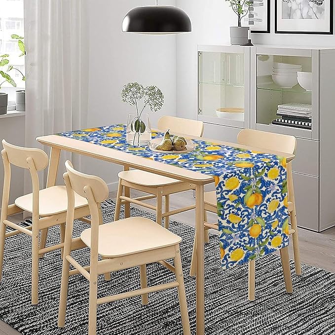 Rustic Lemon Table Runner,Vintage Morocco Blue Mediterranean Spring Summer Fruit Print Table Runner for Farmhouse Kitchen Dining Table Home Party Decor 13x90in