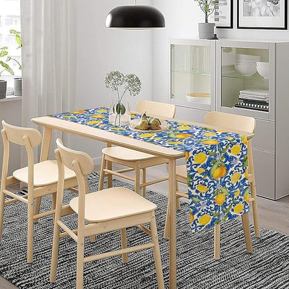 Rustic Lemon Table Runner,Vintage Morocco Blue Mediterranean Spring Summer Fruit Print Table Runner for Farmhouse Kitchen Dining Table Home Party Decor 13x90in