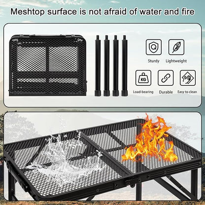 Folding Grill Table Camping Table with Mesh Desktop, Lightweight & Portable Outdoor Picnic Table, Height Adjustable Portable for Outside Inside Use
