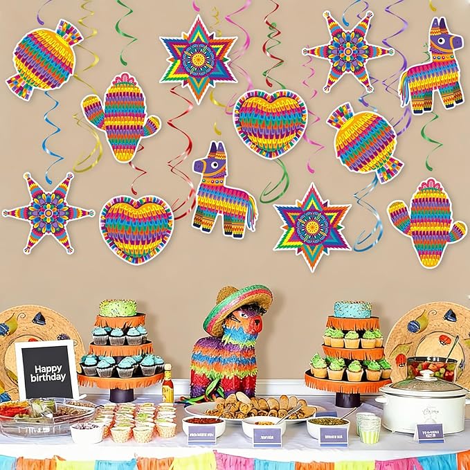 Mexican Fiesta Hanging Swirls - 30 Pcs Cinco De Mayo Decorations Ceiling Hanging Streamers for Mexican Fiesta Cactus Themed Birthday Baby Shower Party Decorations