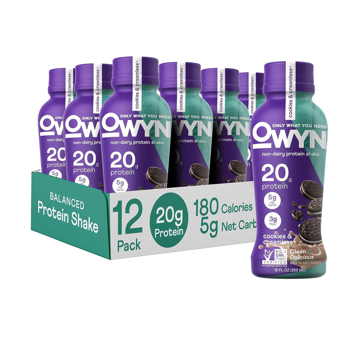 OWYN Only What You Need Plant Based Protein Shake, 20g Vegan Protein from Organic Pumpkin Seed, Flax, Pea Blend, Prebiotic Supplement, Superfood Greens, Gluten & Soy-Free (Cookies & Creamless)