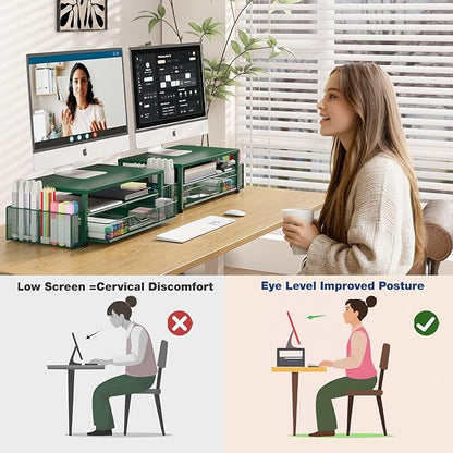 OPNICE Desk Organizers and Accessories, 2-Tier Computer Monitor Stand Riser with Drawer and 2 Pen Holders, Laptop Stand, Office Desk Accessories for Office Supplies, Dark Green
