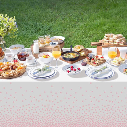 QIKSION 6 Pack White and Pink Dot Plastic Tablecloth, Waterproof Disposable Party Table Cloths for Baby Shower, Wedding, Anniversary, Birthday Party(54 × 108 Inch)