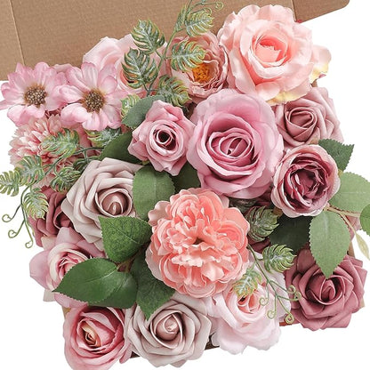 Artificial Flowers Combo Dusty Pink Silk Fake Flower for DIY Wedding Bridal Bouquets Floral Arrangement Birthday Cake Table Centerpieces Baby Shower Graduation Ceremony Party Home Decor