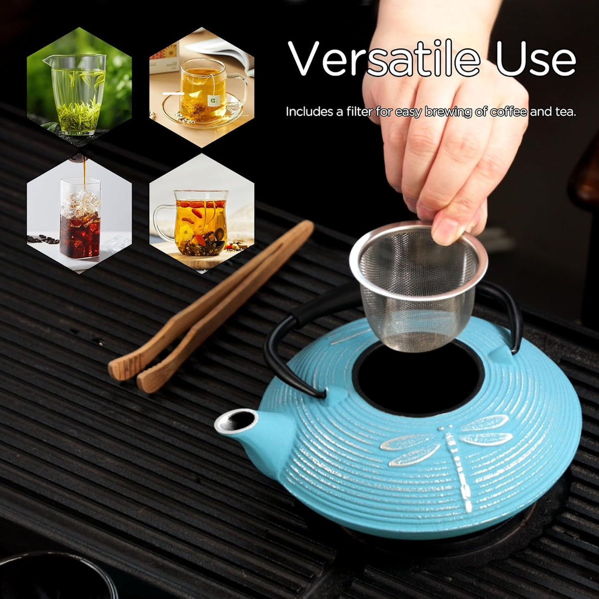 Cast Iron Teapot Set with 2 Tea Cups, 7 Pcs Japanese Tea Kettle with Stainless Steel Infuser, Tea Pot Coated with Enameled Interior, Dragonfly Pattern, 28oz 800ml Blue