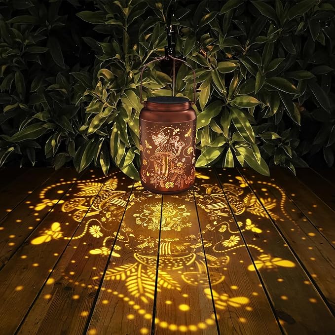 2 Pack Solar Lanterns Outdoor Waterproof, Mushroom Garden Decor Gifts for Women Mom Grandma Hanging Solar Lights Metal Solar Decoration Outside LED Lanterns for Yard, Patio, Lawn