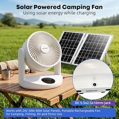 0dB Cordless Air Circulator Fan with Night Light, 20000mAh Solar Powered Camping Fans Rechargeable Table Fan Battery Operated Desk Fan, 12 Speeds, 12H Timer