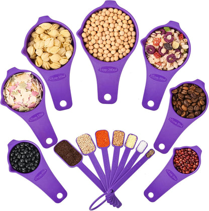 Plastic Measuring Cups and Spoons Set 15, 7 Dry&Liquid Measuring Cup Spoon Set, 7 Spice Long Handle Measuring Spoons with 1 Leveler for Kitchen and
