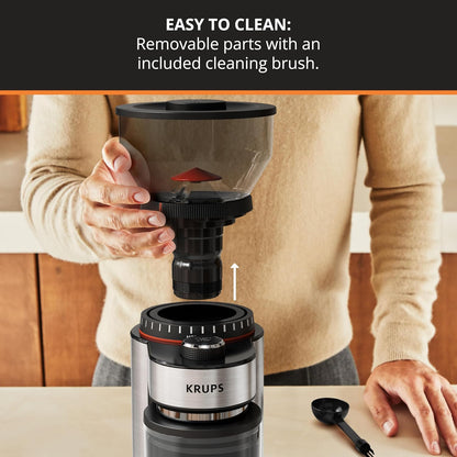 Krups Burr Coffee Grinder, 18 Adjustable Grind Settings, 2-20 Cups per Grind, Sinlge Touch, Spice and Coffee Bean Grinder, Stainless Steel, Black