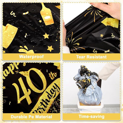 NatNarr 3 Pack 40th Birthday Plastic Tablecloth, 54x108 Inch Black Gold Disposable Rectangle Table Cover Waterproof Table Cloth for Birthday 40 Anniversary Party Supplies