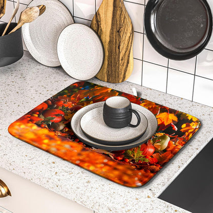 Fall Harvest Pumpkin Dish Drying Mat for Kitchen Counter,Thanksgiving Maple Leaves Sunflower Drying Mat 16 x 18 Inch with Absorbent Reversible