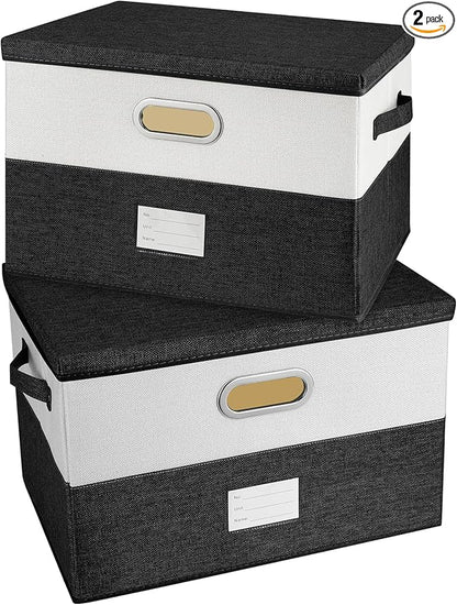 Large Linen Fabric Foldable Storage Bins with Removable Lid and Handles, Washable Storage Box Organizer Containers Baskets Cube with Cover for Bedroom,Office (Black&White, Medium(2-Pack))