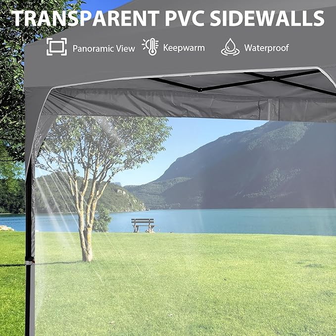 10x10 FT Pop Up Canopy with 4 Clear PVC Sidewalls, Instant 1-Button Push Canopy Tent for Outdoor Activities & Events