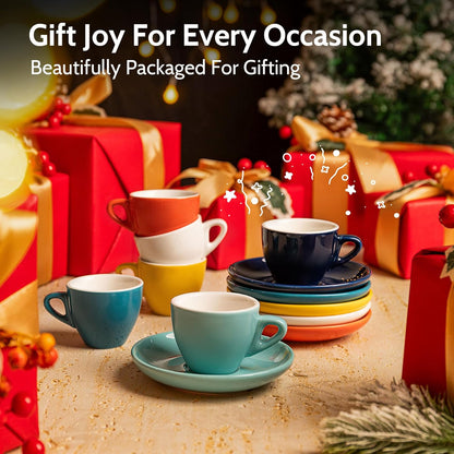Sweese Espresso Cups with Saucers, 4 Ounce Demitasse Cups, Perfect for Single or Double Espresso, Cappuccino, Latte and Tea - Set of 6, Multicolor