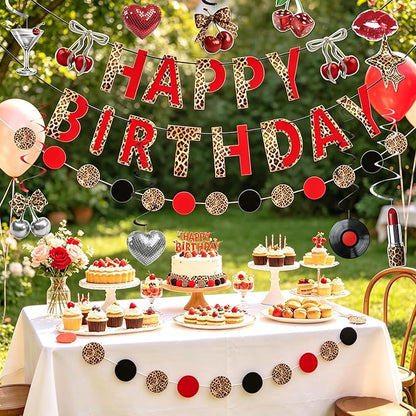 SUNBEAUTY Cheetah Birthday Party Decorations Cherry Cheetah Print Banner Leopard Hanging Swirls with Red and Black Cheetah Party Garland Foil Swirls Ceiling Safari Animal Birthday Party Decorations for Women Girls
