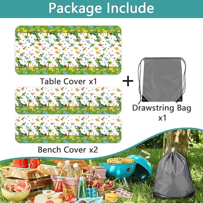 Dinosaur Picnic Table Covers with Bench Covers, Jungle Dino Print Tablecloth, Outdoor Table Cover Set, Patio Camping Picnic Table Protector, 72x30 Inch