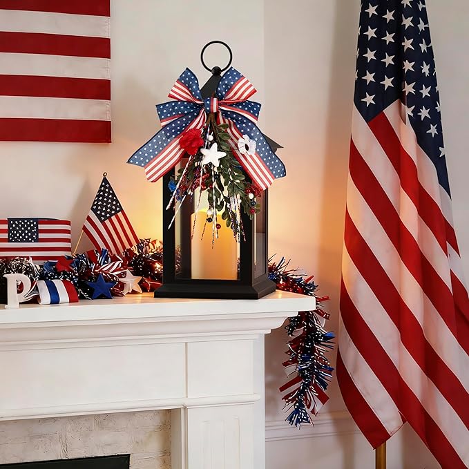 Patriotic Lanterns Decorative Indoor, 14" Black Lantern with Timer Flameless Candle, Battery Operated Waterproof Outdoor Hanging 4th of July Lanterns for Porch, Patio, Patriotic Decorations