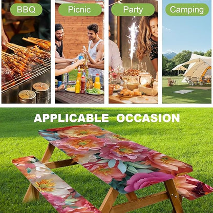 ANNA QUEEN 6FT Red Flowers Spring Picnic Table Cover with Bench Covers Picnic Table Cover Set 3PCS 72"x30", Outdoor Bench and Tablecloth Furniture Protection