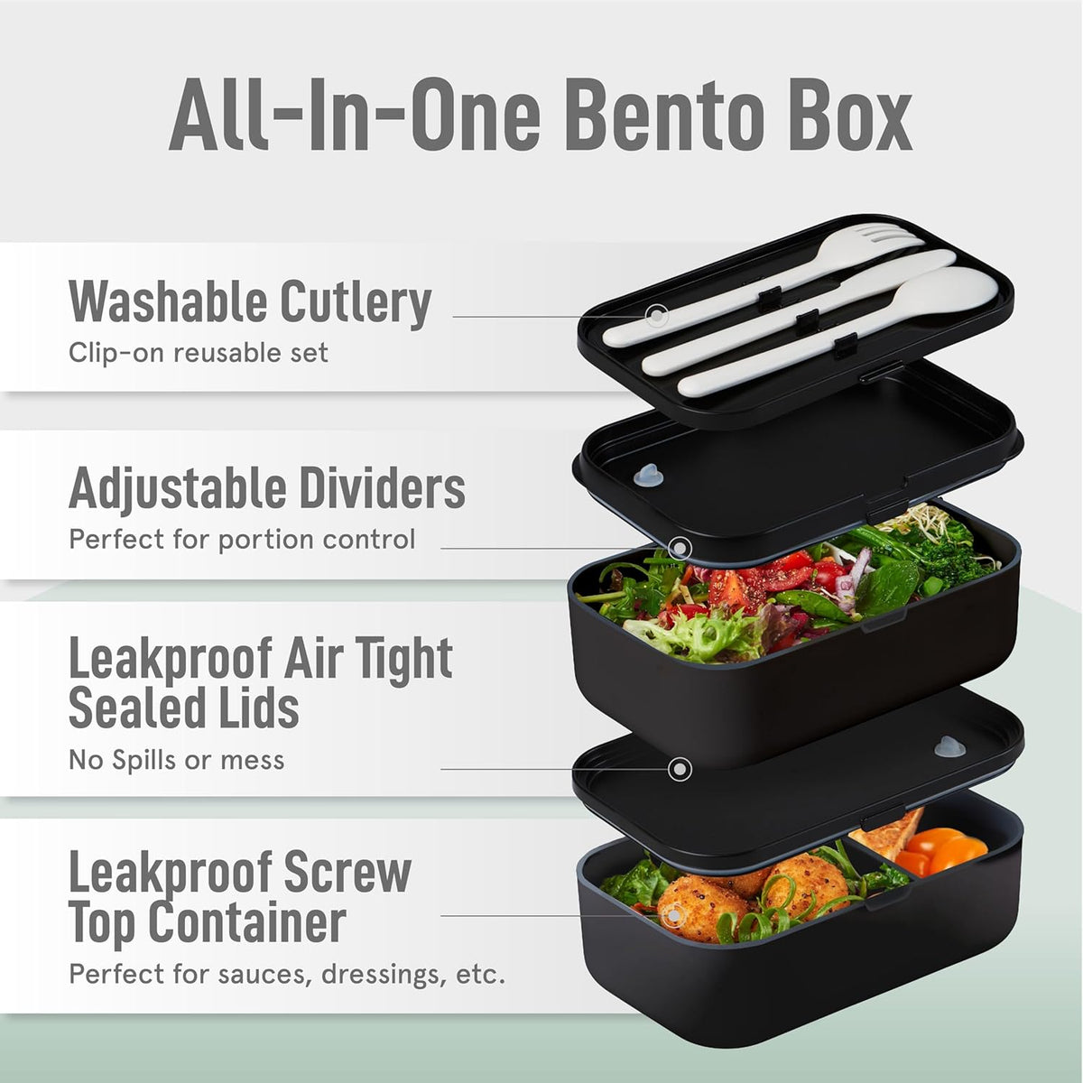 Double Premium Bento Box Adult, 67 fl oz BPA-Free - Black Stackable Lunch Box with Leak-Proof Lids & Dividers, Perfect for Meal Prep, Lunches & Portion Control