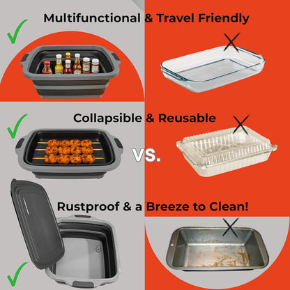 Collapsible X-Large (16L) BBQ Marinating Tub w/Cutting Board | Multipurpose Food-Grade TPE Prep Tub w/Lid | Built-In Colander & Drain Plug - For Camping | Tailgate | Picnic - Slate Black