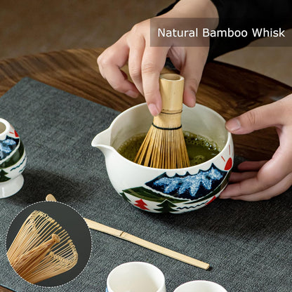 Fuji Mountain Matcha Bowl Set – 6-Pcs Hand-Painted Scenic Japanese Tea Ceremony Kit, Matcha Bowl with Spout, 2 Cups, Bamboo Whisk