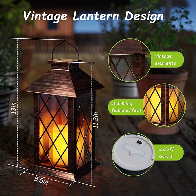 Outdoor Solar Lanterns, Waterproof Hanging Lantern with LED Flickering Flameless Candle, 13'' Bronze Outdoor Solar Powered Lantern Decor for Porch Patio Garden Balcony Pathway, 2 Pack