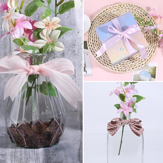 BEEFLYING 3 Styles Pink Wire Edged Ribbons for Gift Wrapping Decoration 25~28mm×2.7m Herringbone Ribbon Spot Ribbon for Wedding Party Decoration Hair Bows Flower Designs Sewing and Craft, 9 Yards