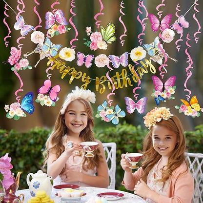 SUNBEAUTY 22PCS Butterfly Birthday Party Decorations Pre-strung Birthday Banner Garland for Women & Girls Colorful Butterfly Hanging Swirls Decorations Summer Themed Ceiling Decor for Kids Bday party