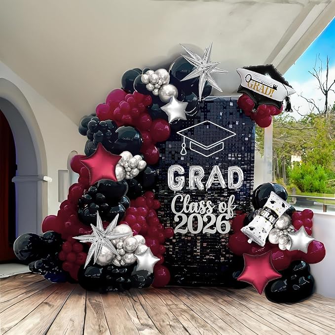 130 Pcs Maroon Black Silver Balloon Arch Kit with GRAD Letters & Graduation Cap Foil Balloons, Star Accents for Senior Night Decorations, Class of 2026 Prom & Party Supplies